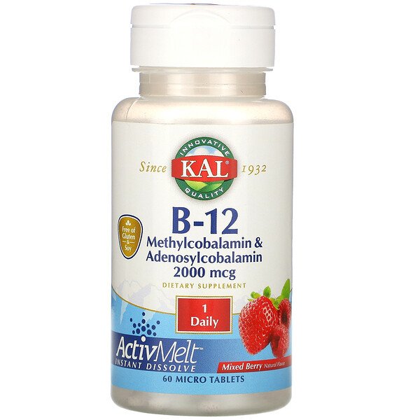 KAL, B-12 메틸코발라민 & 아데노실코발라민, 혼합 베리, 2,000mcg, 마이크로정 60정
